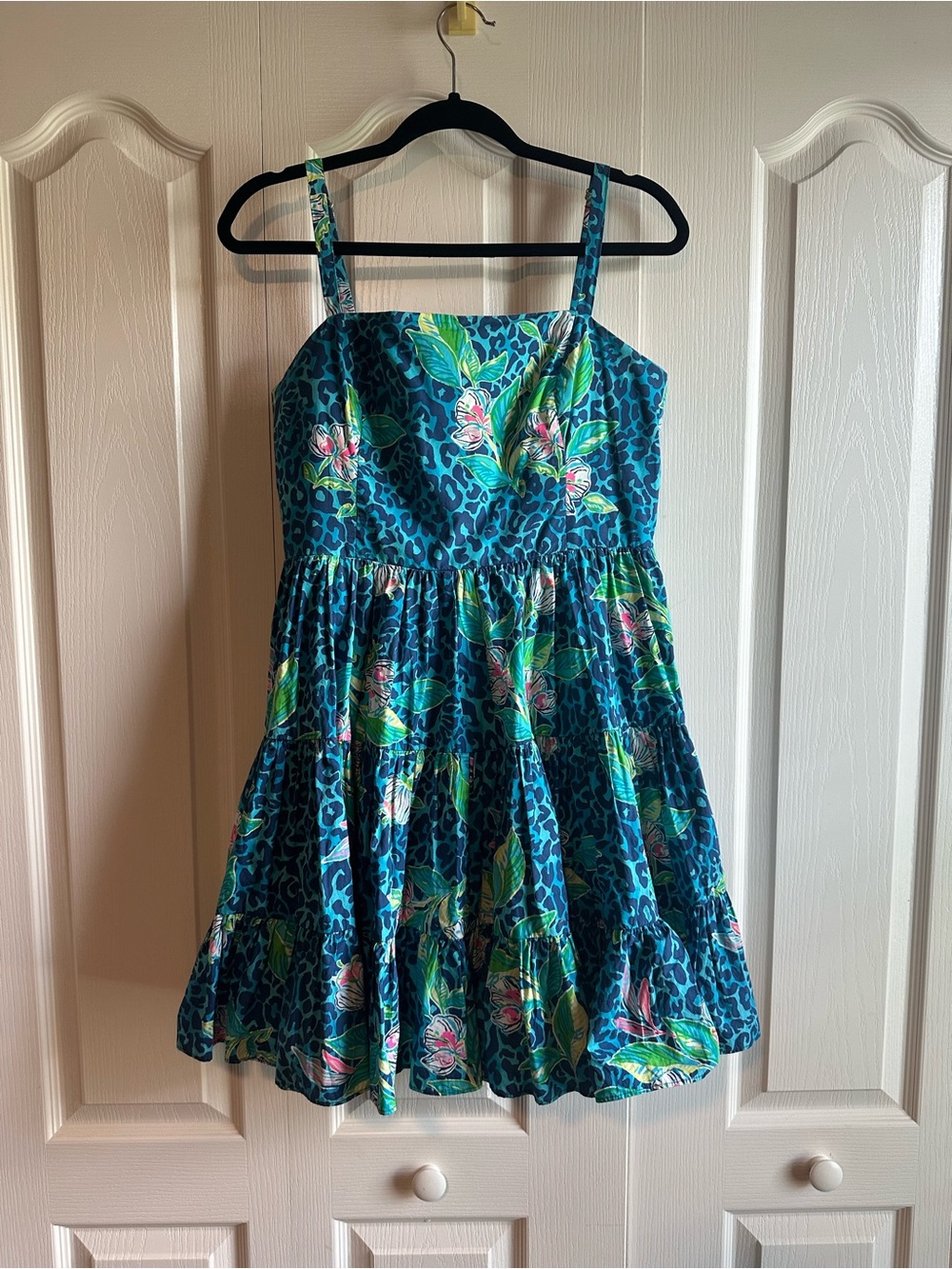 Lilly Pulitzer Teal Floral and Leopard Print Tiered Sundress